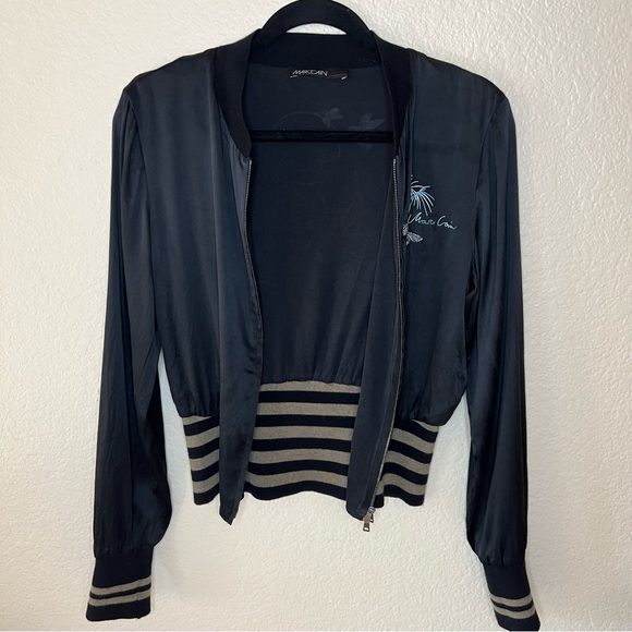 Marc Cain Black Silk Cropped Bomber Jacket Embroidered On Back Zip Up XS/ S - Picture 9 of 9